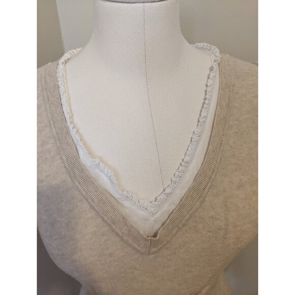 Vintage Y2K Ribbed Knit Ruffle Lace V-Neck Top Beige Tie Academia Office School - Picture 3 of 10